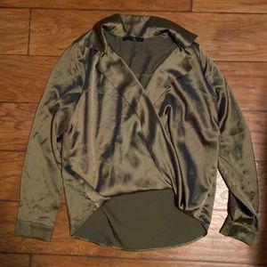 Endless Rose Satin Wrap Front Long Sleeve Top- M GREEN